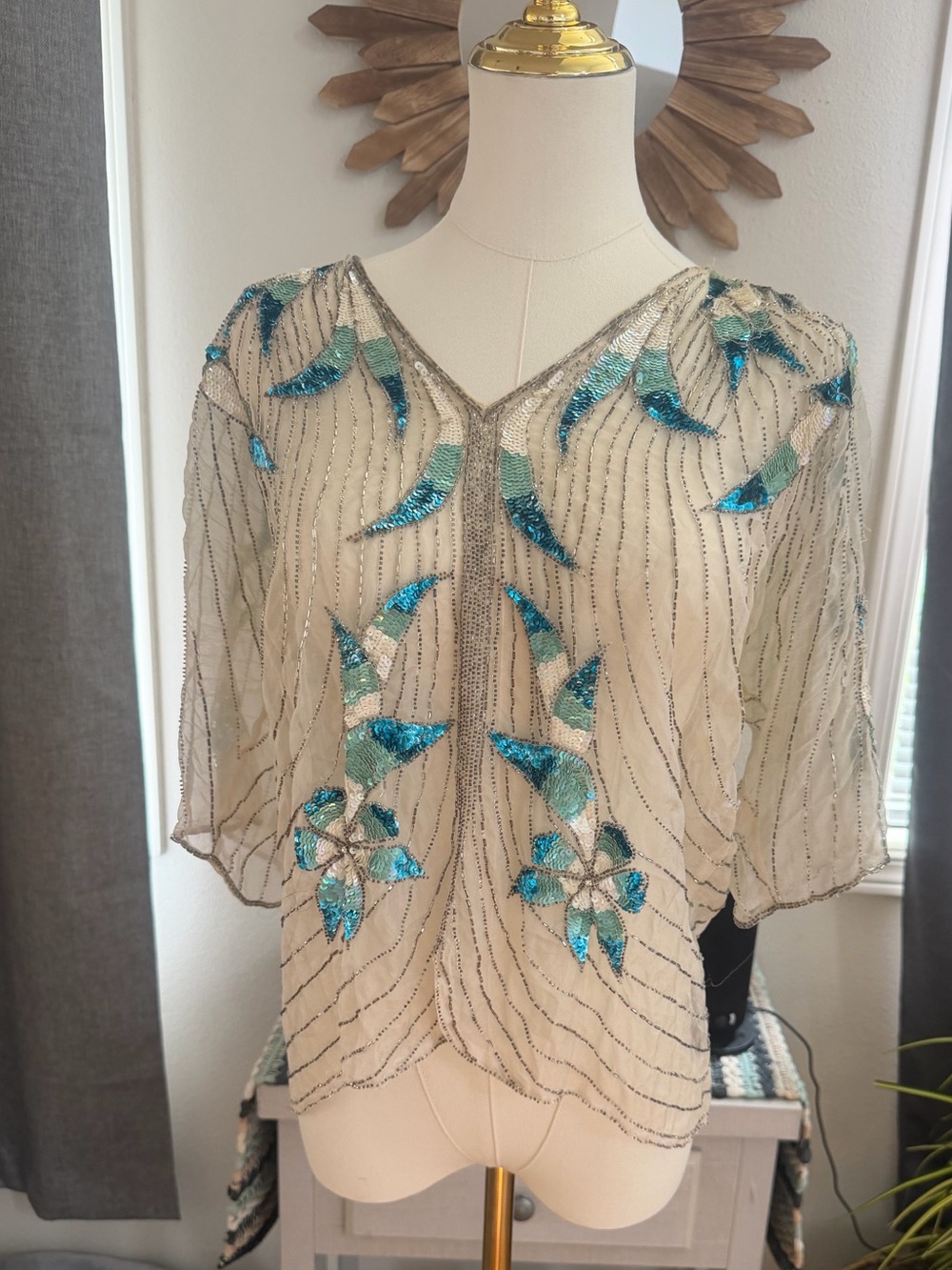 Vintage Laurence Kazar Hand Beaded Sequin Mesh Evening Blouse Blue Silver Floral